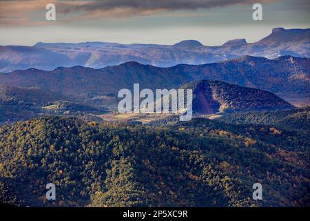 On balloon over Garrotxa Natural Park,at right Croscat volcano,Girona province. Catalonia. Spain Stock Photo