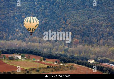 Balloon over Garrotxa Natural Park,Girona province. Catalonia. Spain Stock Photo