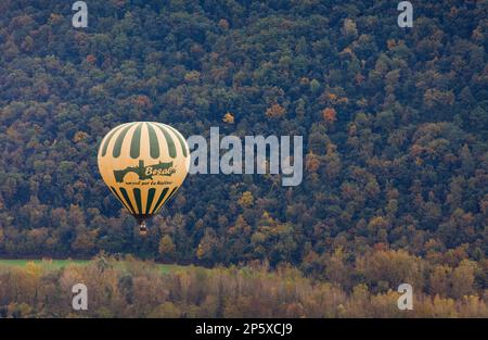 Balloon over Garrotxa Natural Park,Girona province. Catalonia. Spain Stock Photo