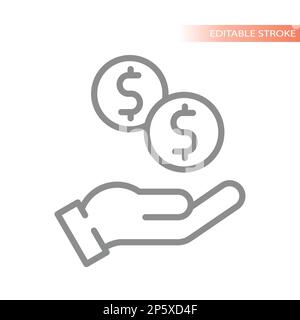 Money dollar coin and hand icon. Simple line vector symbol. Stock Vector