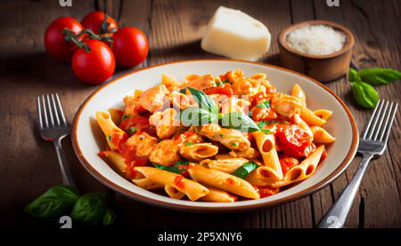 Dish of penne rigate with tomato sous Stock Photo