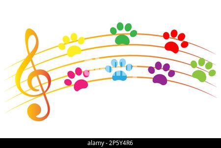 Multicolored paw prints animal on the notes sheet music. Stock Vector
