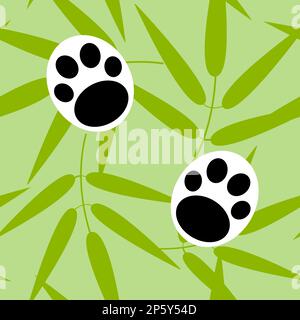 Bamboo twigs and panda paws on a green background seamless pattern. Stock Vector