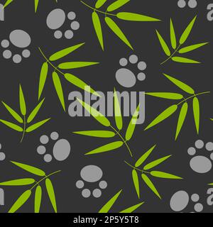 Panda paws and bamboo twigs on a gray background natural seamless pattern wallpaper. Stock Vector
