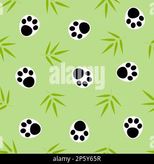 Bamboo twigs and panda paws on a green background seamless pattern. Stock Vector