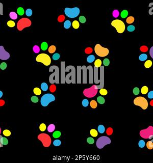 Colorful cartoon paw prints on a black background seamless pattern. Stock Vector