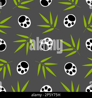 Panda paws and with bamboo leaves on a grey background natural seamless pattern for wallpaper, fabrics, packaging paper. Stock Vector
