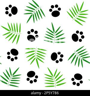 Panda paws and bamboo leaves on a white background natural seamless pattern wallpaper. Stock Vector