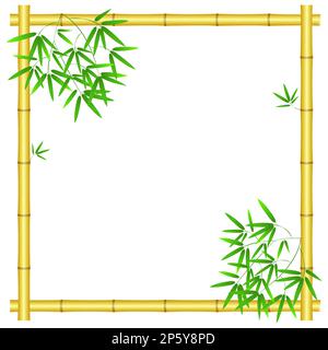 Bamboo decorative yellow frame with green bamboo leaves. Stock Vector