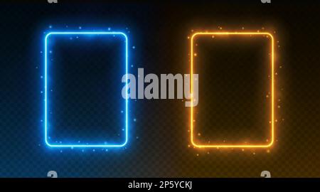 Neon rectangle frames, glowing borders with smoke and sparkles, ice and fire portals concept. Stock Vector