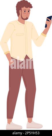 Bearded man with hand in pocket holding phone semi flat color vector character Stock Vector