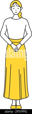 A casually dressed young woman bowing with folded hands, Vector ...