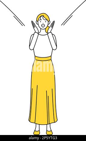 A casually dressed young woman calling out with her hand over her mouth ...