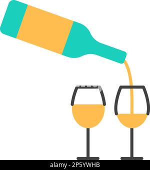 White wine bottle and two glasses color icon isolated on white background. Flat line pouring yellow alcohol beverage tasting. Romantic party sign logo Stock Vector