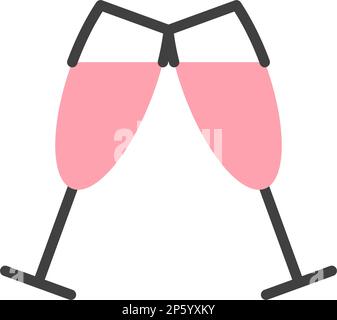 Two cheering pink Champagne glasses flat line icon isolated on white background. Abstract beverage sign logo bar restaurant design. Alcohol drink chee Stock Vector