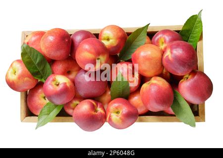 fresh nectarines in a wooden box isolated on white background, top view Stock Photo
