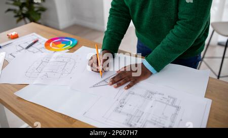 Unrecognizable African Designer Making Engineering Drawing At Workplace Indoors Stock Photo
