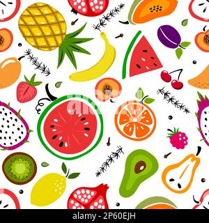 Seamless pattern with summer fresh fruits - cherry, pear, watermelon, banana, peach, kiwi, strawberry, lemon, mango . Flat vector illustration for tex Stock Vector