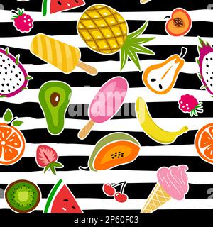 Summer fruit and ice cream pattern. Cute vector seamless background with pineapple, watermelon, lemon, orange, strawberry, ice cream cone. Stock Vector