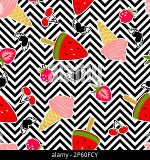 Summer ice cream pattern with berries and heart. Vector seamless background with strawberry, cherry, ice cream cone and hearts Stock Vector