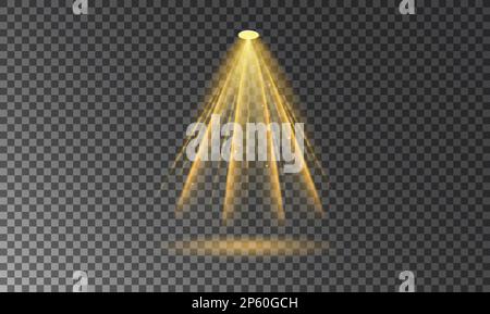 Isolated realistic stage light ray on transparent backdrop. Vector illustration. Yellow colored glowing stage spotlight Stock Vector
