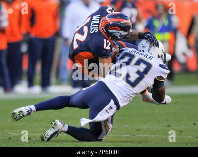 San Diego Chargers Quentin Jammer is called for pass interference on New  York Jets Santonio Holmes in the fourth quarter in week 7 of the NFL season  at MetLife Stadium in East Rutherford, New Jersey on October 23, 2011. The  Jets defeated the