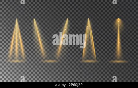 Glowing sparkling yellow projector lights. Pack of realistic icons on transparent backdrop Isolated vector illustrations with soft colorful spotlights Stock Vector