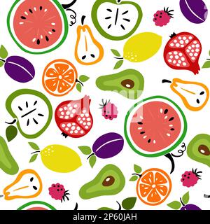 Different fruits collection, isolated on white. Seamless summer pattern Stock Vector