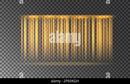 Direct beams of yellow stage light. Vector illustration. Glowing golden spotlights isolated on transparent background Stock Vector