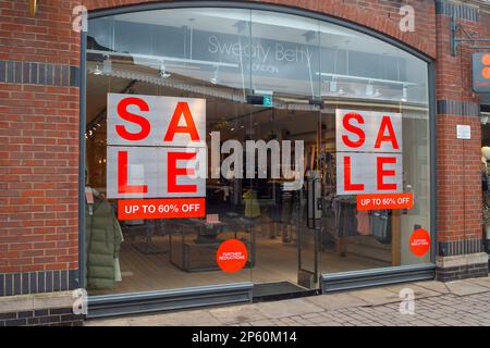 Windsor, Berkshire, UK. 6th March, 2023. An up to 60% off sale at the Sweaty Betty London shop in Windsor. Credit: Maureen McLean/Alamy Stock Photo