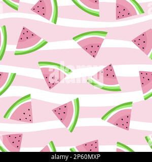 Watermelon Seamless Pattern Vector illustration, watermelon slices on pink and white stripes background. Stock Vector