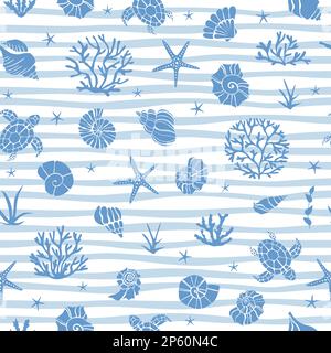 Blue seamless pattern with underwater life objects - seashells, starfish, corals, algae and sea turtles. Stock Vector
