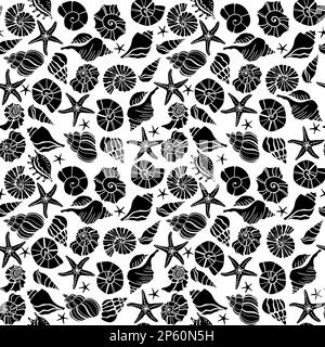 Hand-drawn sea shells, fossils, starfish, vector seamless pattern. Summer beach seaside print. Ocean fashion textile Stock Vector