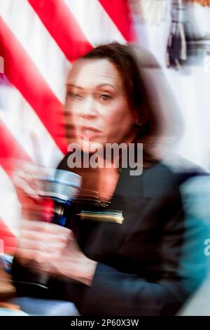 Denver, Colorado, USA. 6th Mar, 2023. United States Vice President Kamala Harris speaks at the Arvada Center for Performing Arts in Denver, Colorado, US, on Monday, March 6, 2023. Harris discussed the Biden administration's investments to combat climate change and efforts to build a new clean energy economy. Credit: Michael Ciaglo/Pool via CNP/dpa/Alamy Live News Stock Photo