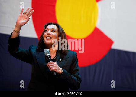 Denver, Colorado, USA. 6th Mar, 2023. United States Vice President Kamala Harris speaks at the Arvada Center for Performing Arts in Denver, Colorado, US, on Monday, March 6, 2023. Harris discussed the Biden administration's investments to combat climate change and efforts to build a new clean energy economy. Credit: Michael Ciaglo/Pool via CNP/dpa/Alamy Live News Stock Photo