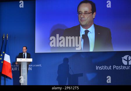 France's President Francois Hollande, delivers a speech during the inauguration of a new building named Francois Jacob at the Pastor institute in Paris, Wednesday, Nov. 14, 2012. (AP Photo/Miguel Medina, Pool)