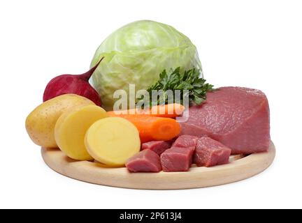 Ingredients for traditional borscht on white background Stock Photo