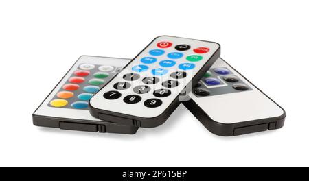 Different modern remote controls on white background Stock Photo
