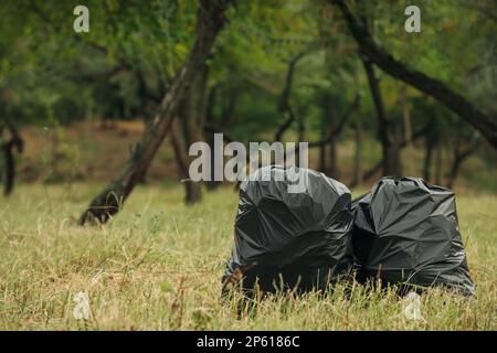 Trash bags full of garbage outdoors. Space for text Stock Photo