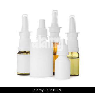 Many different nasal sprays on white background Stock Photo