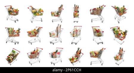 Set with shopping carts full of groceries on white background Stock ...