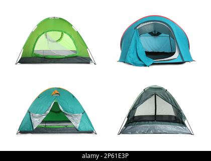 Set with different bright camping tents on white background Stock Photo ...