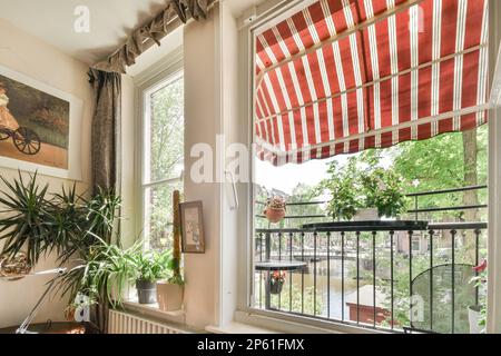 Amsterdam, Netherlands - 10 April, 2021: a window with red and white stripes hanging on the windowsills in a living room filled with potted plants Stock Photo