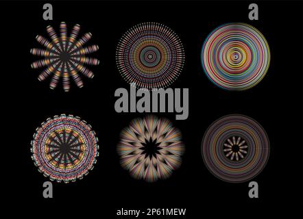colorful tribal art vector illustration in geometric round shapes with dynamic lines and dots isolated on a black background. Stock Vector