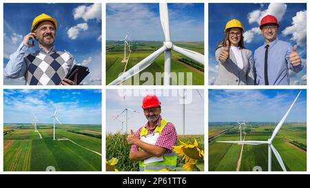 Woman and Man in Hardhats Showimg Thumb up Against Blue Sky. Smiling Worker with Clipboard Standing at Wind Farm. Manager Using Smartphone at Wind Far Stock Photo