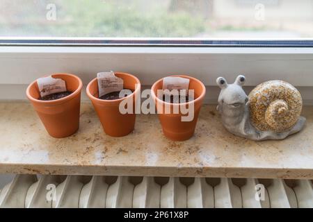Three terracotta pots on the windowsill with the figure of a snail. Stock Photo