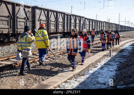 (230307) -- HARBIN, March 7, 2023 (Xinhua) -- Female inspectors prepare to work at the Dorbod Railway Station in Daqing, northeast China's Heilongjiang Province, March 6, 2023. At the Dorbod railway line maintenance section of China Railway Harbin Bureau Group Co., Ltd., there is a six-member team of female inspectors with an average age of 29. Their responsibilities include maintaining the railway lines for grain and oil transport, as well as 148 kilometers of Binzhou railway line, which is a crucial part of China-Europe rail transport service line. Despite facing challenging conditions, they Stock Photo