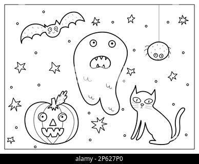 Halloween coloring page with a ghost, cat and pumpkin. Spooky print in cartoon style for coloring book Stock Vector