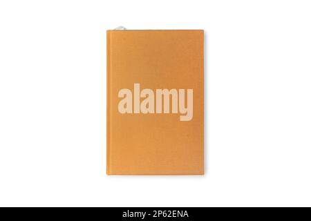 Blank book with brown cover isolated on white background, top view. Stock Photo