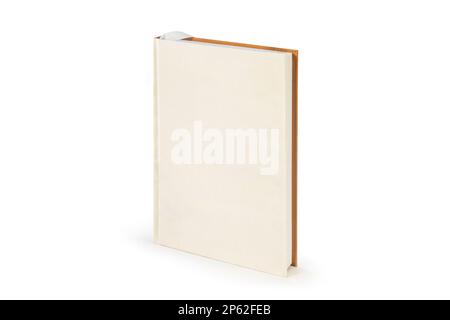 Top view of white leather notebook on white desk background with copy space. Stock Photo